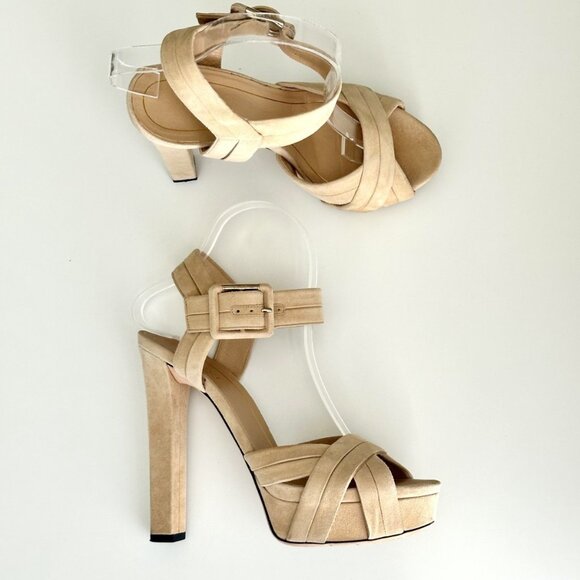 GUCCI Nude Suede Ankle Strap Chunky Heel Platform Sandals Size 38 (US 8) - Picture 6 of 14